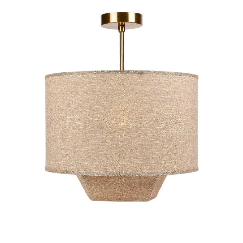 **Technische titel in het Nederlands: Moderne hanglamp met stoffen kap en gouden accenten**