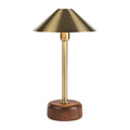 **Technische titel in het Nederlands: Moderne tafellamp met bronzen kap en houten voet**